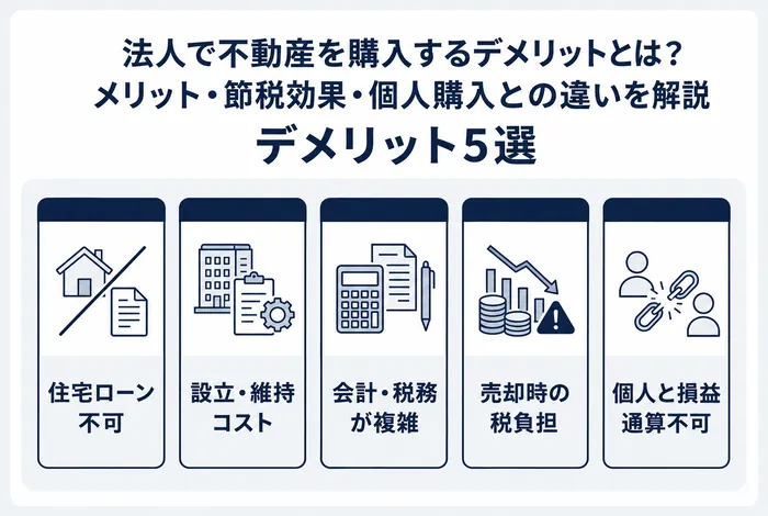 法人で不動産を購入する5つのデメリット（住宅ローン不可、設立・維持コスト、会計・税務の複雑化、売却時の税負担、個人との損益通算不可）を整理した図解